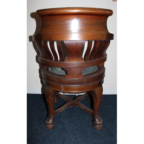 376 - Victorian mahogany spindle back swivel desk armchair with green leather seat pad raised on cabriole ... 