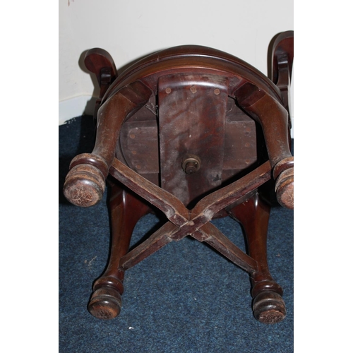 376 - Victorian mahogany spindle back swivel desk armchair with green leather seat pad raised on cabriole ... 