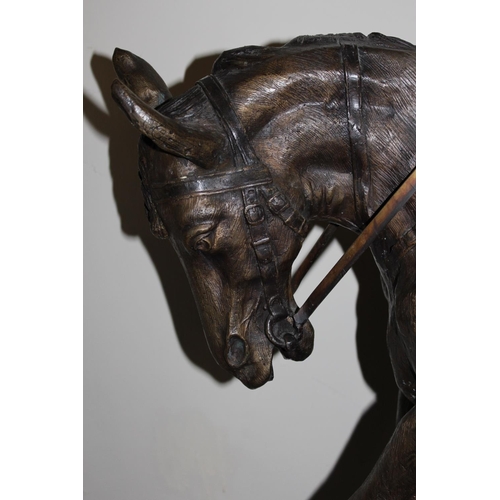377 - In the manner of Pierre Jules Mene - large bronze effect spelter group depicting horse and jockey, 1... 