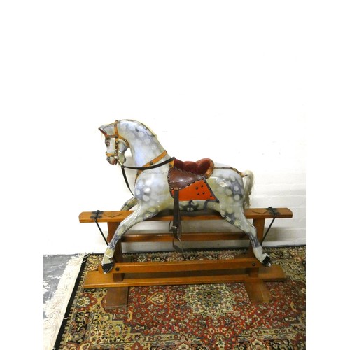 Vintage dappled grey rocking horse with upholstered saddle, mane and ...