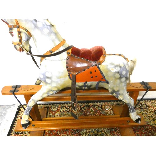 Vintage dappled grey rocking horse with upholstered saddle, mane and ...