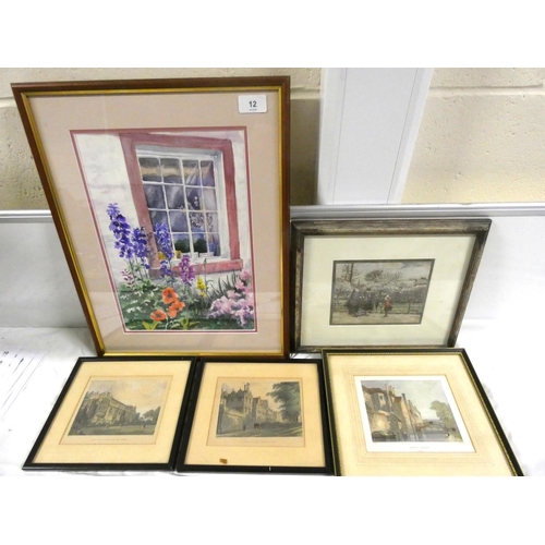 12 - Various prints of Queen's College, some floral, unsigned watercolours.