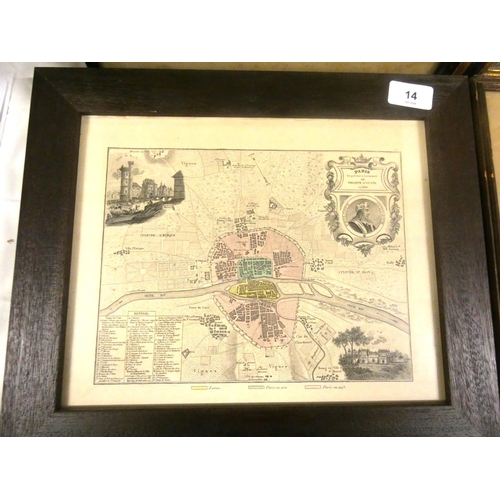14 - Collection of antique prints to include The Louvre, engraved Map of Paris etc. (5)