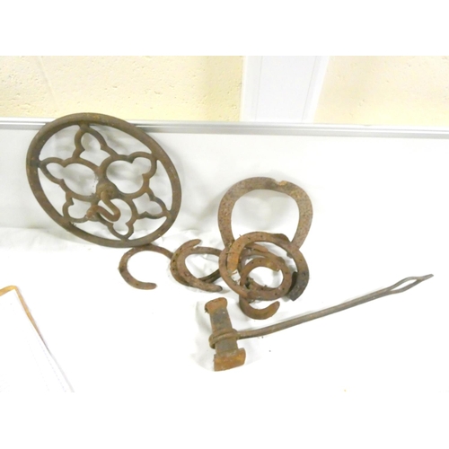 16 - Vintage horseshoes, blacksmith's hammer etc.