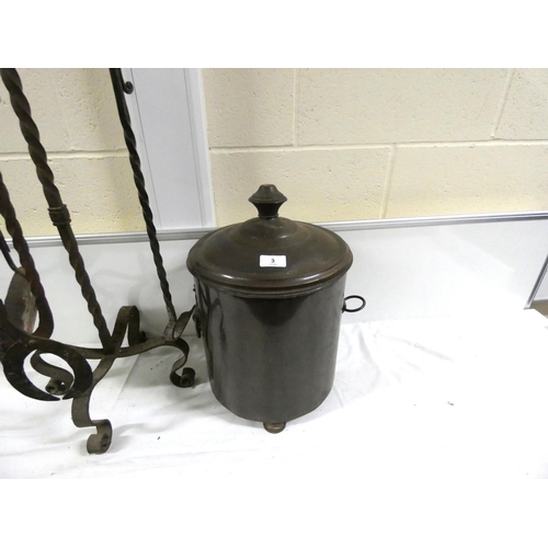 3 - Wrought iron fireside tools and a coal bucket.