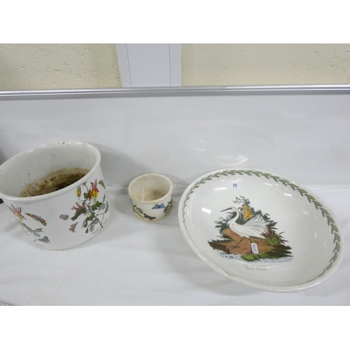 55 - Large Portmeirion Little Egret bowl, dia.33cm., and two botanical garden pots. (3)