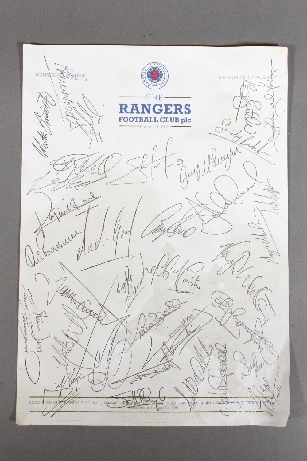 Rangers Football Club interest, a printed headed sheet showing the ...