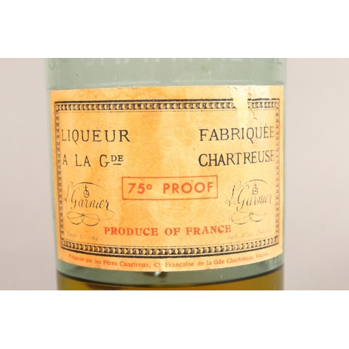 1234 - L Garnier Chartreuse liqueur bottle, green glass with etched orb decoration and 75&deg; proof label,... 