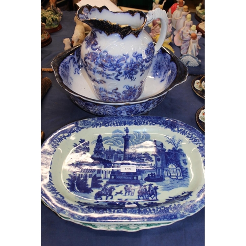 115 - Victorian style ewer and basin, a blue and white ashet and another.&nbsp;
