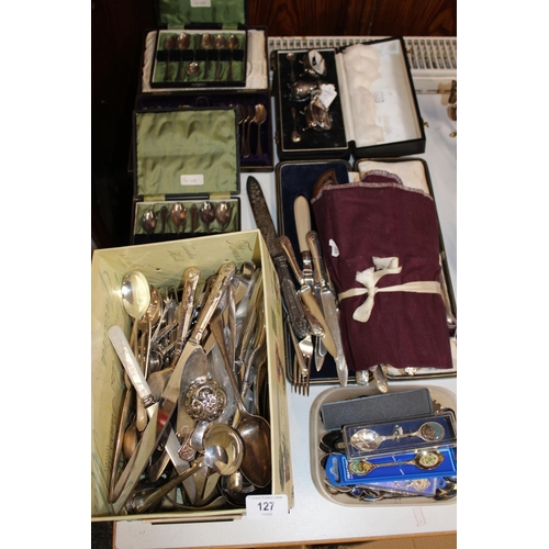 127 - Collection of silver plated flatware, cased teaspoons, condiment sets, souvenir spoons etc.