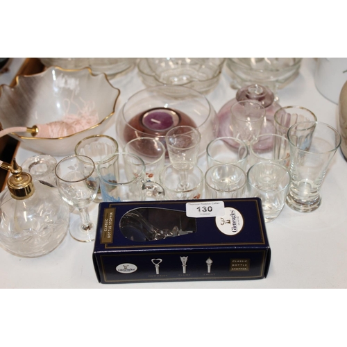 130 - Collection of glassware including vases and bowls, shot glasses etc.