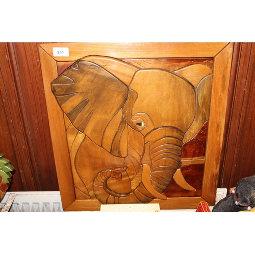 250 - Sidlaw Woodcarfts od Dundee, three carved wooden wall plaques to include Elephant, Scruffy dog and R... 