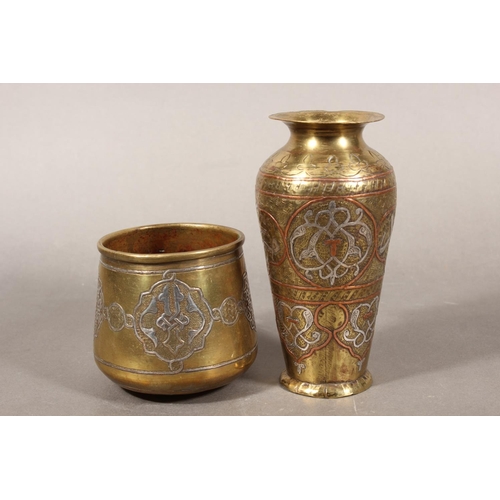 311 - Syrian Damascus style copper and silver overlaid brass vase 15cm tall and a similar pot 8cm tall. (2... 