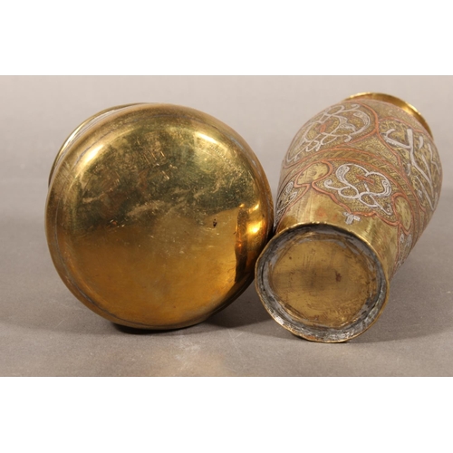 311 - Syrian Damascus style copper and silver overlaid brass vase 15cm tall and a similar pot 8cm tall. (2... 