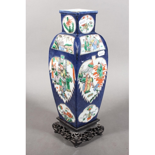 316 - Oriental famille verte blue ground porcelain vase, depicting oriental scenes and fitted base, four c... 