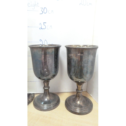 11 - Pair of Sheffield plate goblets by James Dixon, Georgian silver pepper pot, hunting-themed white met... 