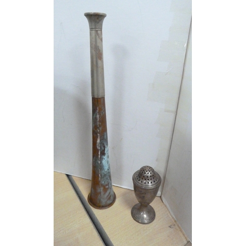 11 - Pair of Sheffield plate goblets by James Dixon, Georgian silver pepper pot, hunting-themed white met... 