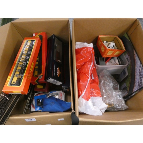124 - Two cartons containing Hornby OO gauge models to include boxed coaches, also boxed Bachmann wagon, t... 
