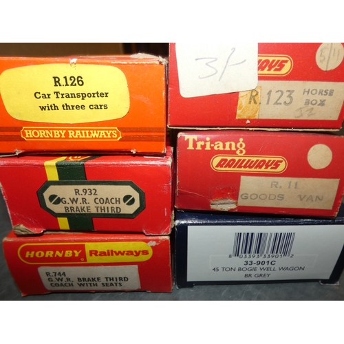 124 - Two cartons containing Hornby OO gauge models to include boxed coaches, also boxed Bachmann wagon, t... 
