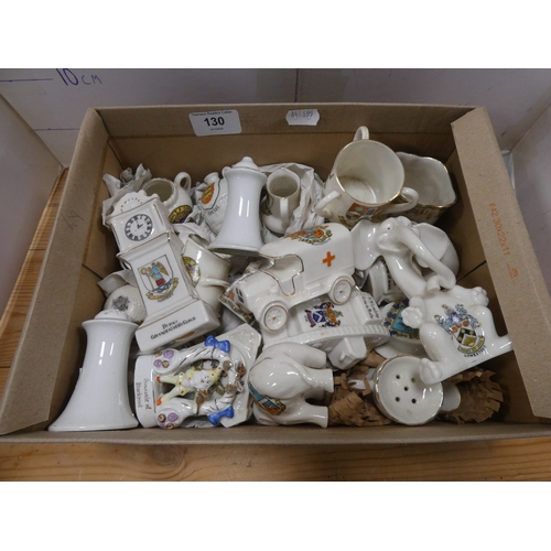 130 - Collection of crested ware ornaments to include cups, longcase clock, animals, vehicles etc.