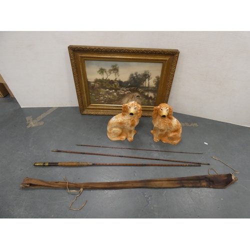 132 - Pair of vintage ceramic wally dogs, gilt framed print and a three-piece split cane fishing rod in ca... 