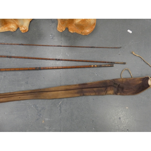 132 - Pair of vintage ceramic wally dogs, gilt framed print and a three-piece split cane fishing rod in ca... 