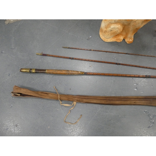 132 - Pair of vintage ceramic wally dogs, gilt framed print and a three-piece split cane fishing rod in ca... 
