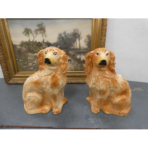 132 - Pair of vintage ceramic wally dogs, gilt framed print and a three-piece split cane fishing rod in ca... 