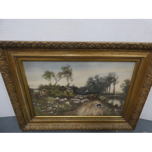 132 - Pair of vintage ceramic wally dogs, gilt framed print and a three-piece split cane fishing rod in ca... 