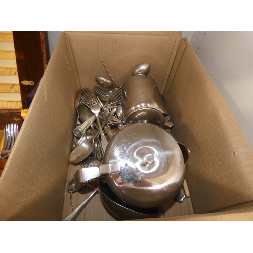 161 - Loose EP cutlery, hotel plate pots, stoneware crock, griddle pan, repouss&eacute; decorated dolphins... 