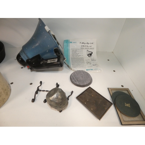 161 - Loose EP cutlery, hotel plate pots, stoneware crock, griddle pan, repouss&eacute; decorated dolphins... 