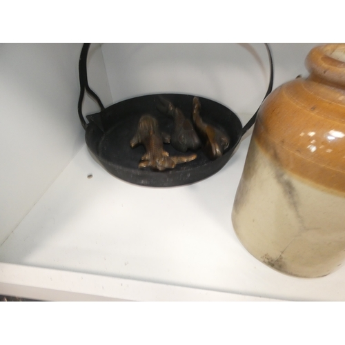 161 - Loose EP cutlery, hotel plate pots, stoneware crock, griddle pan, repouss&eacute; decorated dolphins... 