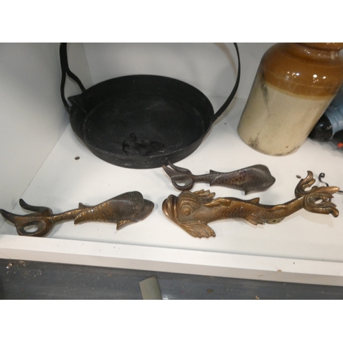 161 - Loose EP cutlery, hotel plate pots, stoneware crock, griddle pan, repouss&eacute; decorated dolphins... 