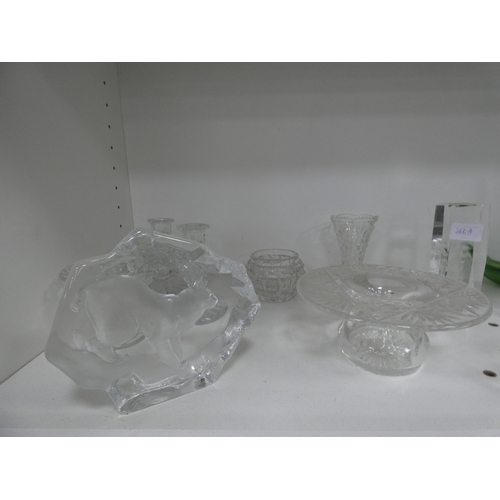 162A - Art glass to include paperweights with animal profiles, swan salt, cut glass candlesticks etc (one s... 