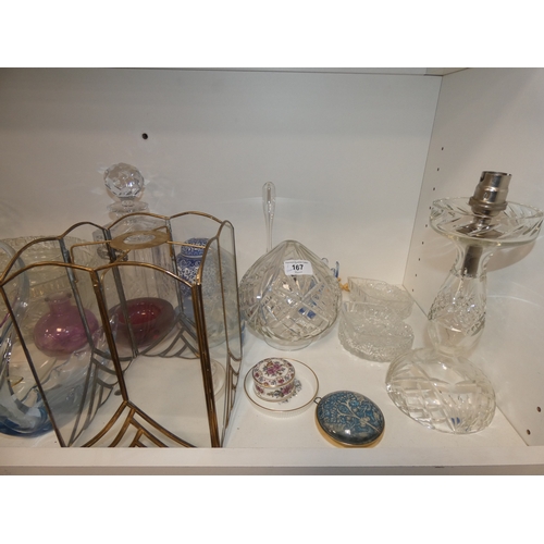 167 - Cut glass bedroom lamp with mushroom shade, bowls, dishes, decanter, Wedgwood Jasper ware, boxes, ta... 