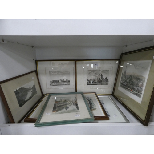 179 - Prints to include a Victorian print of Kirkcudbright, Elgin Cathedral, New Abbey, photograph etc (on... 