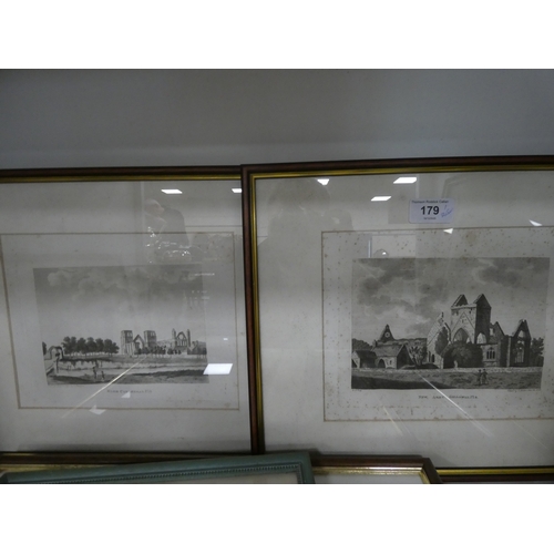 179 - Prints to include a Victorian print of Kirkcudbright, Elgin Cathedral, New Abbey, photograph etc (on... 