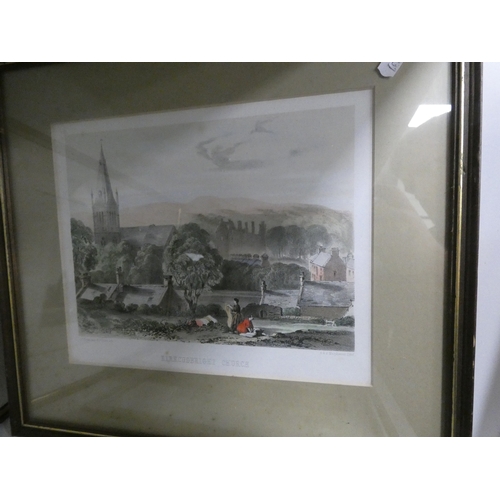179 - Prints to include a Victorian print of Kirkcudbright, Elgin Cathedral, New Abbey, photograph etc (on... 