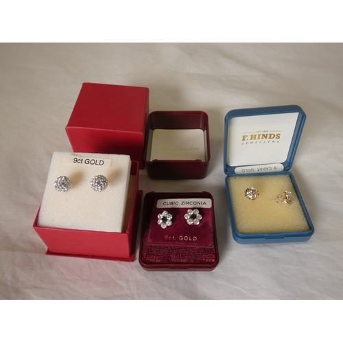 194 - Three pairs of ladies' earrings to include cubic zirconia examples, unmarked, possibly on gold, boxe... 
