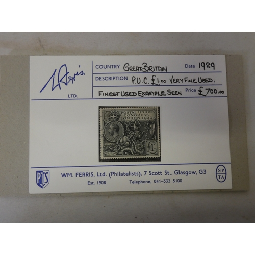 204 - Great Britain 1929 PUC (Postal Union Congress) &pound;1 very fine used stamp, retailed by Wm Ferris ... 