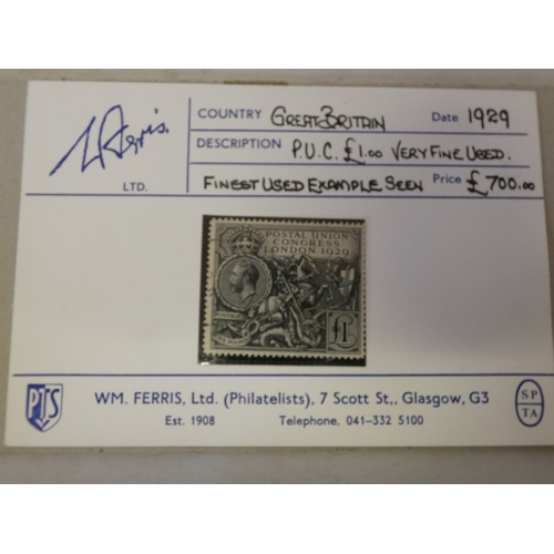204 - Great Britain 1929 PUC (Postal Union Congress) &pound;1 very fine used stamp, retailed by Wm Ferris ... 