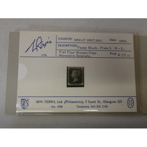 205 - Great Britain 1840 Penny Black stamp, plate 4 N-L, retailed by Wm Ferris Ltd (Philatelists), 7 Scott... 