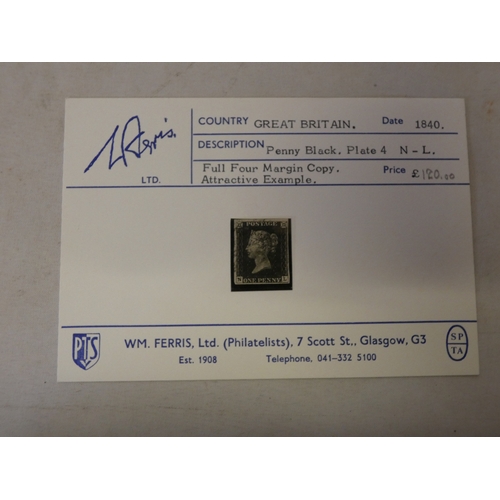 205 - Great Britain 1840 Penny Black stamp, plate 4 N-L, retailed by Wm Ferris Ltd (Philatelists), 7 Scott... 