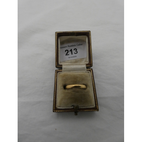 213 - Antique 18ct gold band ring, Birmingham, engraved to the inner, size N, 3.5g.