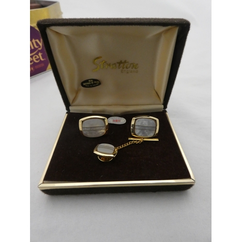 218 - Tin containing watches, jewellery and curios to include two rolled gold full hunter pocket watches, ... 