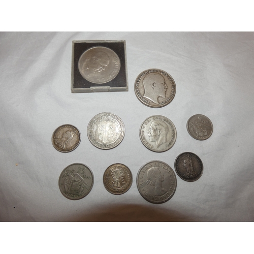 230 - Edward VII 1902 silver crown, three small Victorian silver coins, 44g gross, and later coins, commem... 