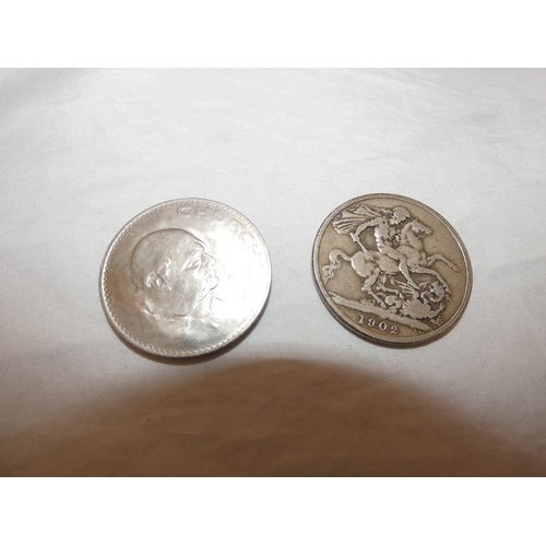 230 - Edward VII 1902 silver crown, three small Victorian silver coins, 44g gross, and later coins, commem... 