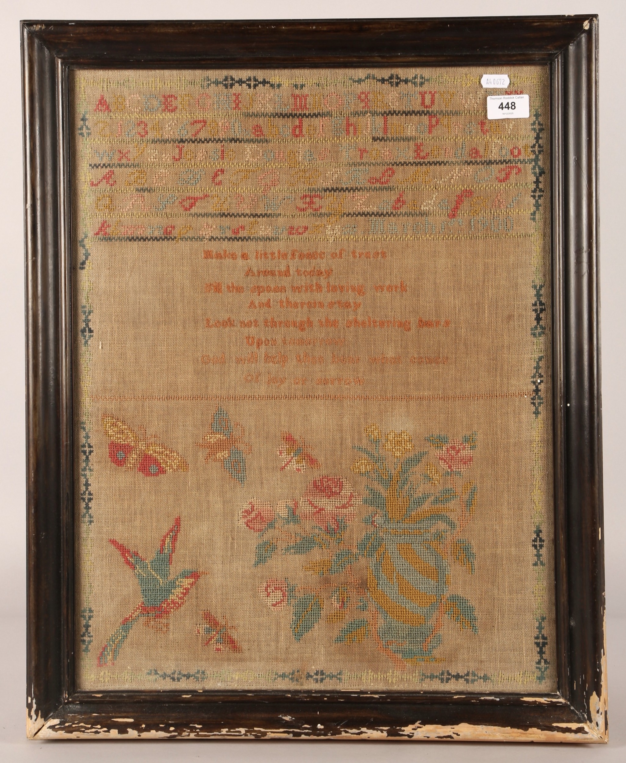 Victorian sewn work sampler dated 1900, 58cm x 44cm.