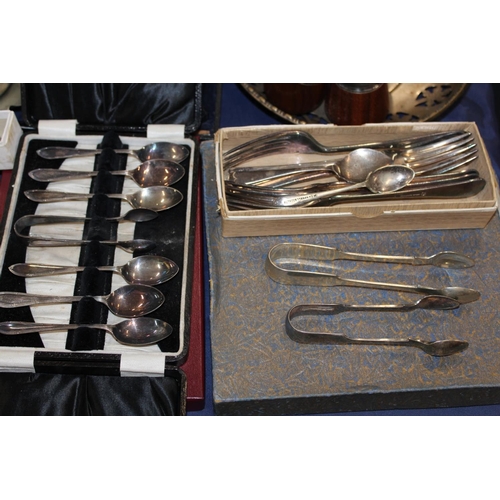 Collection of silver plated items, condiments, flatware, tea service etc.