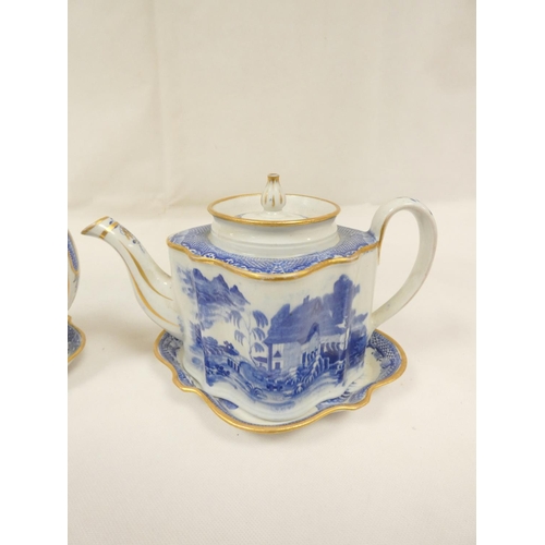 7 - New Hall teapot with stand, blue printed in 